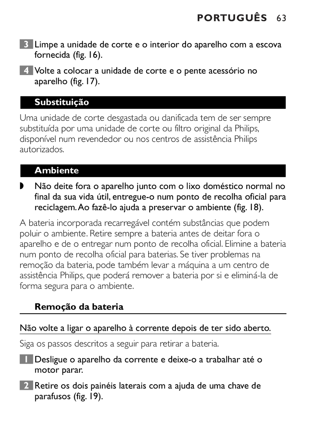 Philips QT4085 manual Substituição, Ambiente, Remoção da bateria 