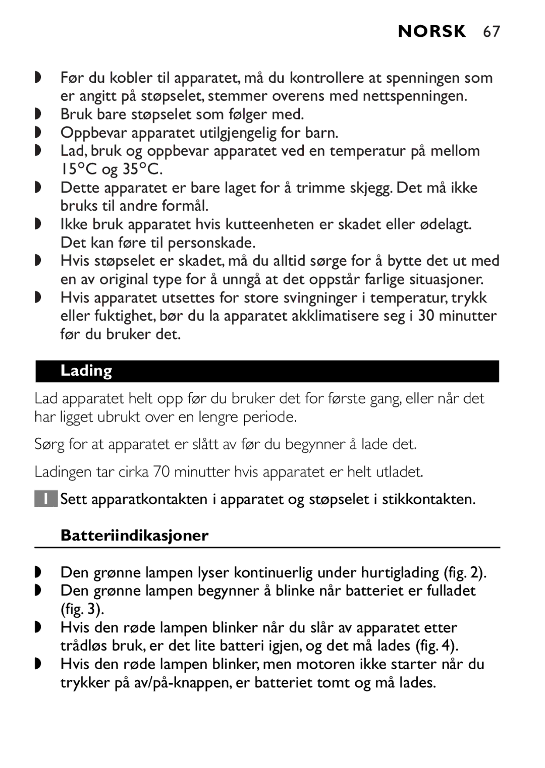 Philips QT4085 manual Norsk, Lading, Batteriindikasjoner 