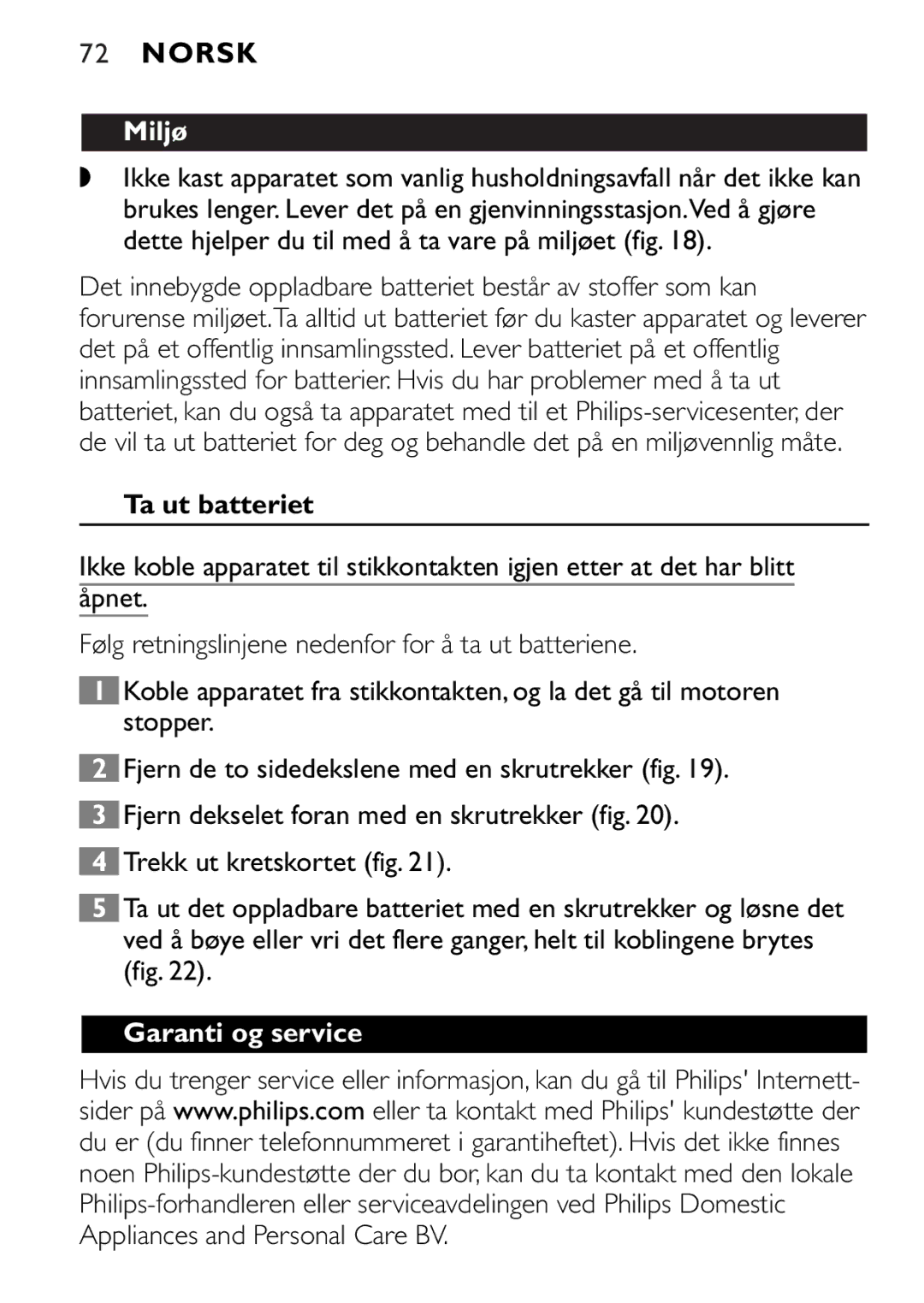 Philips QT4085 manual Miljø, Ta ut batteriet, Garanti og service 