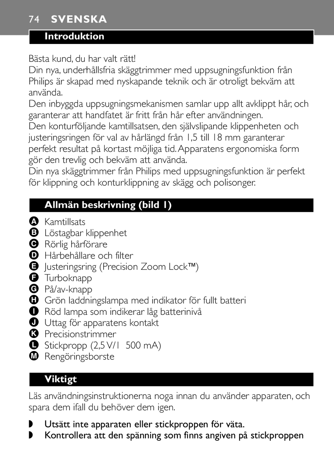 Philips QT4085 manual Svenska, Introduktion, Allmän beskrivning bild, Kamtillsats, Viktigt 