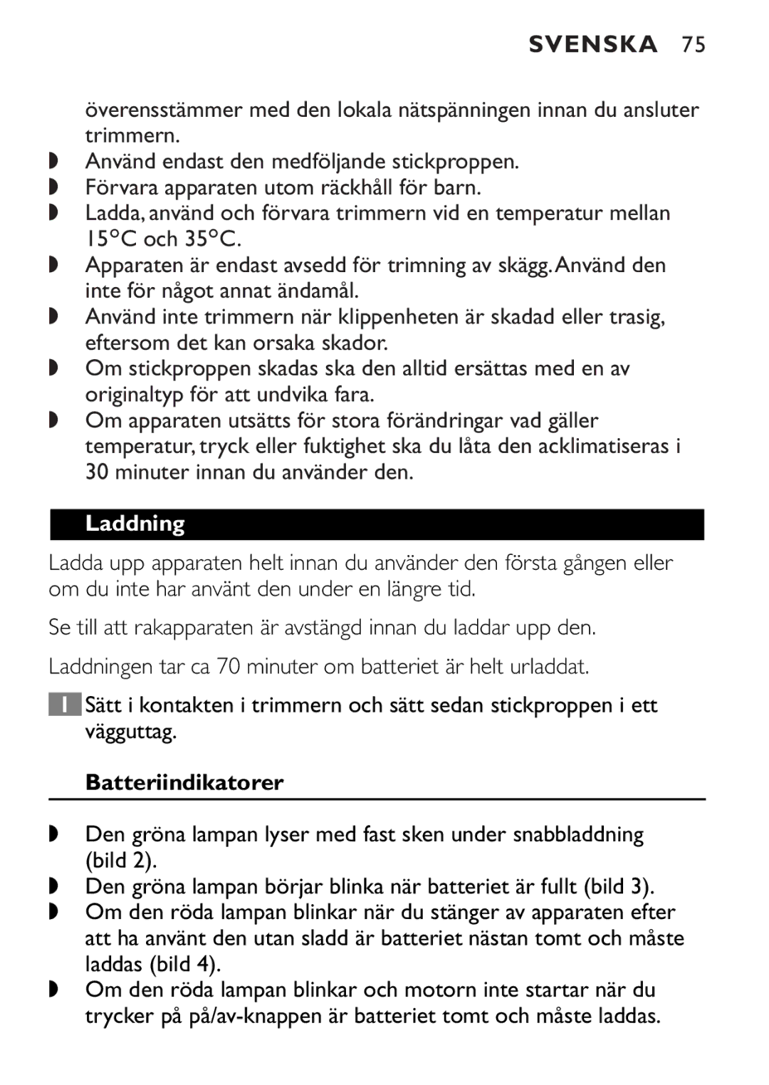 Philips QT4085 manual Svenska, Laddning, Batteriindikatorer 