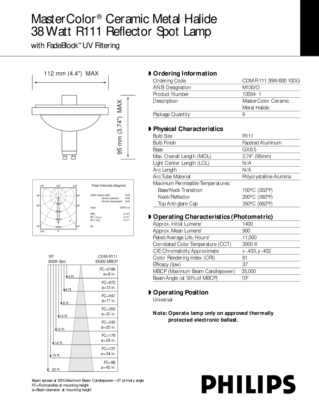 Philips R111 manual With FadeBlock UV Filtering, Ordering Information, Physical Characteristics, Operating Position 