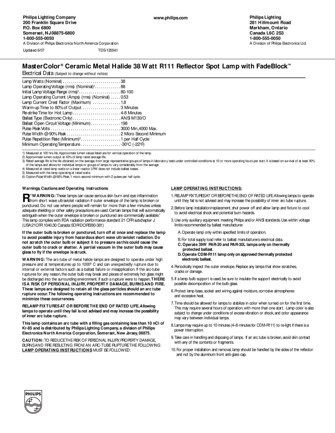 Philips R111 manual Lamp Operating Instructions 