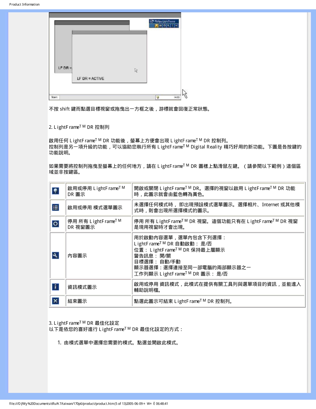 Philips R6RY0 user manual 位置： LightFrameTM DR 保持最上層顯示 警告訊息： 開/關 目標選擇： 自動/手動 