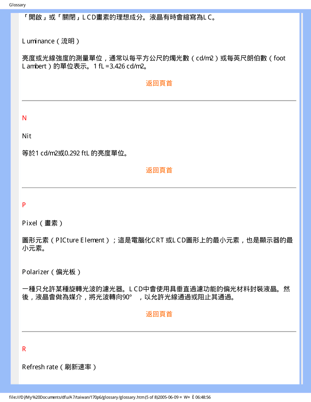 Philips R6RY0 user manual 「開啟」或「關閉」LCD畫素的理想成分。液晶有時會縮寫為LC。 Luminance（流明）, Nit 等於1 cd/m2或0.292 ftL的亮度單位。, Refresh rate（刷新速率） 