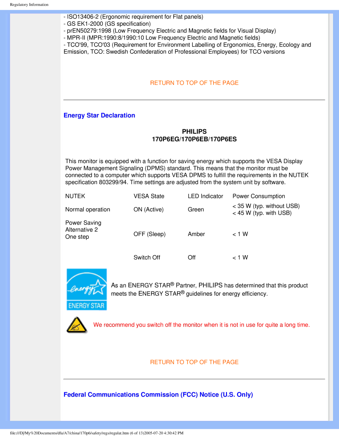 Philips R6RY0 user manual Energy Star Declaration, Federal Communications Commission FCC Notice U.S. Only 