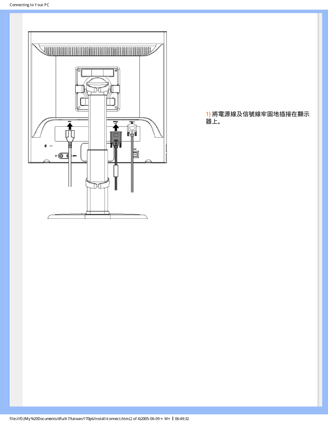 Philips R6RY0 user manual 將電源線及信號線牢固地插接在顯示 器上。 