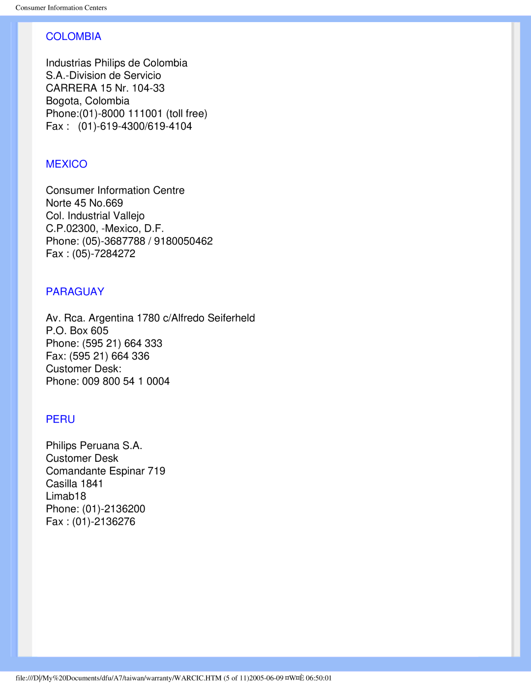 Philips R6RY0 user manual Colombia, Mexico, Paraguay, Peru 