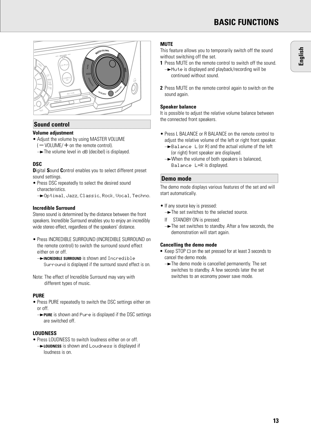 Philips R7 manual Sound control, Demo mode 