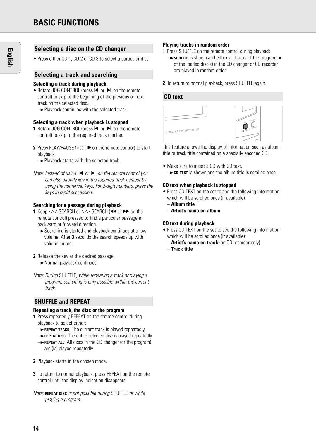 Philips R7 manual Selecting a disc on the CD changer, Selecting a track and searching, Shuffle and Repeat, CD text 