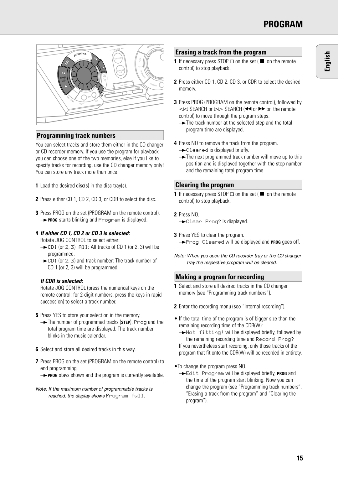 Philips R7 Programming track numbers English, Clearing the program, Making a program for recording, If CDR is selected 