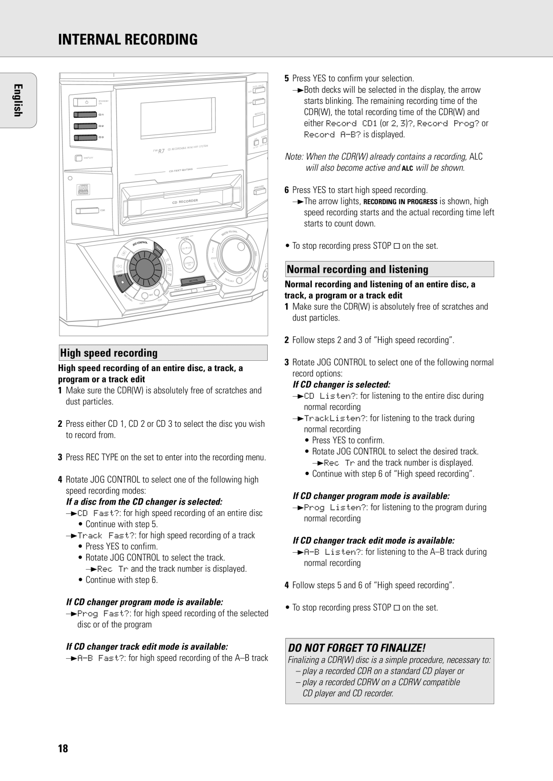 Philips R7 manual High speed recording, Normal recording and listening 