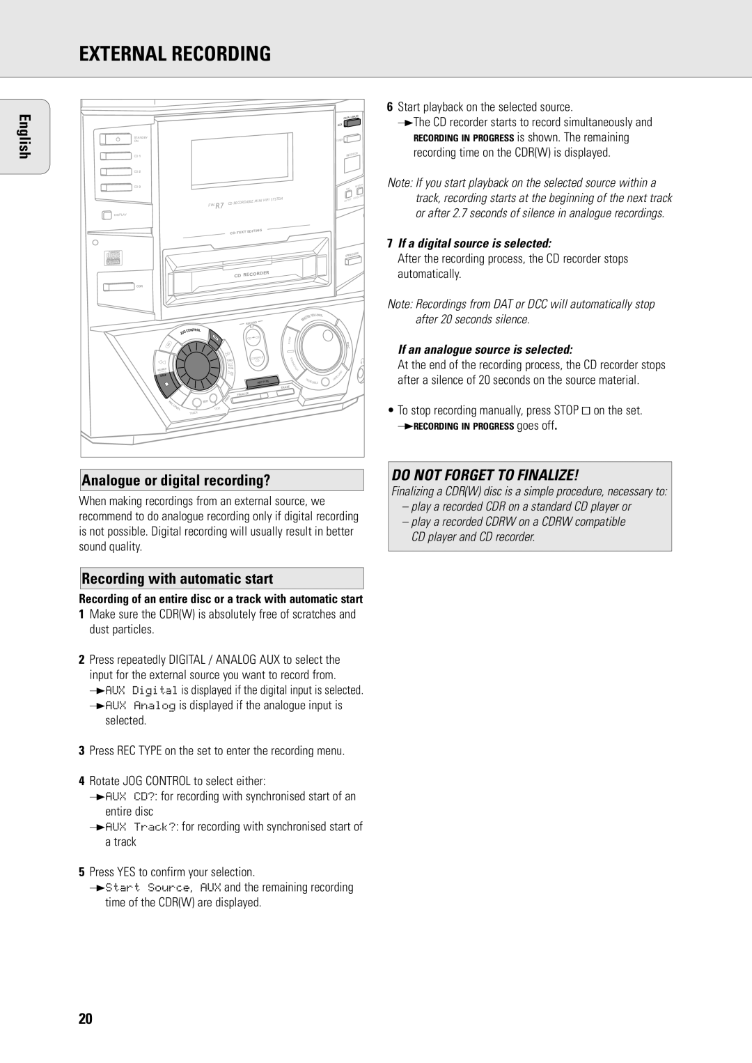 Philips R7 manual External Recording, Analogue or digital recording?, Recording with automatic start 