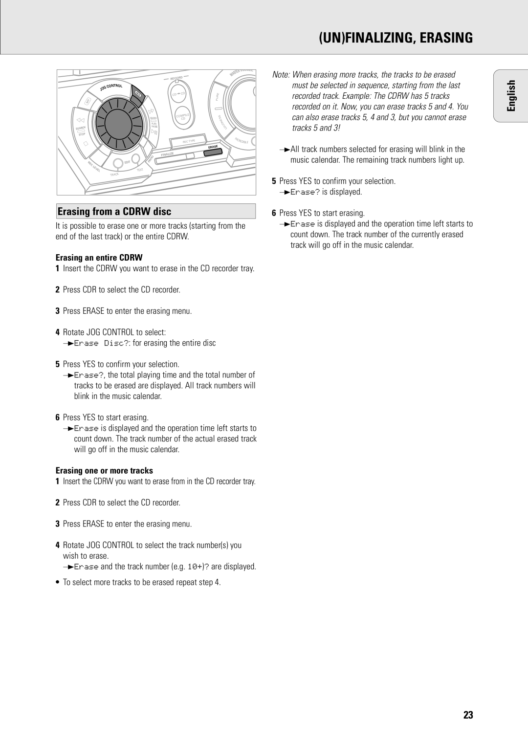 Philips R7 manual Erasing from a Cdrw disc, Erasing an entire Cdrw, Press YES to start erasing, Erasing one or more tracks 