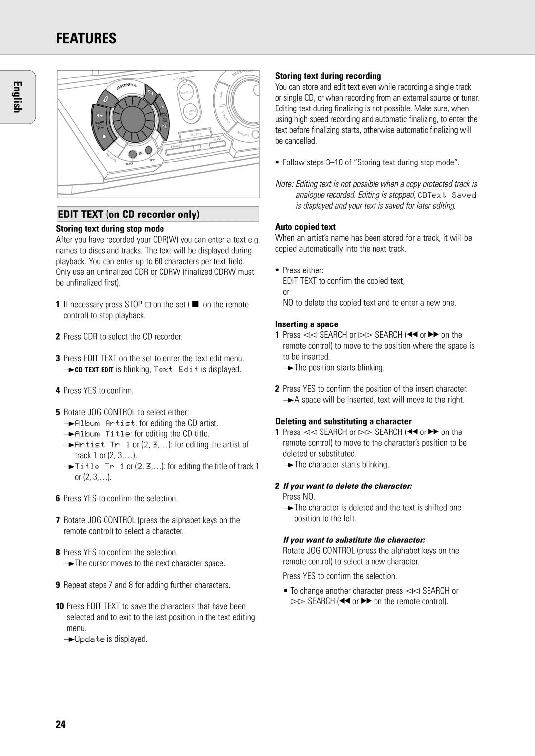 Philips R7 manual Edit Text on CD recorder only, If you want to substitute the character 