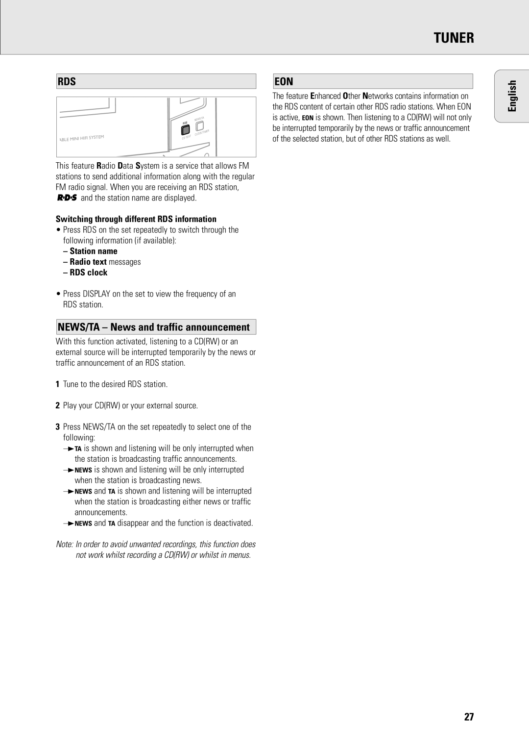 Philips R7 manual Tuner, Station name are displayed, Switching through different RDS information 