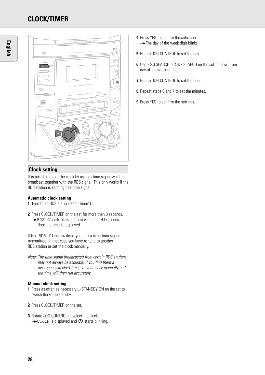 Philips R7 manual Clock setting, Automatic clock setting, Tune to an RDS station see Tuner, Then the time is displayed 