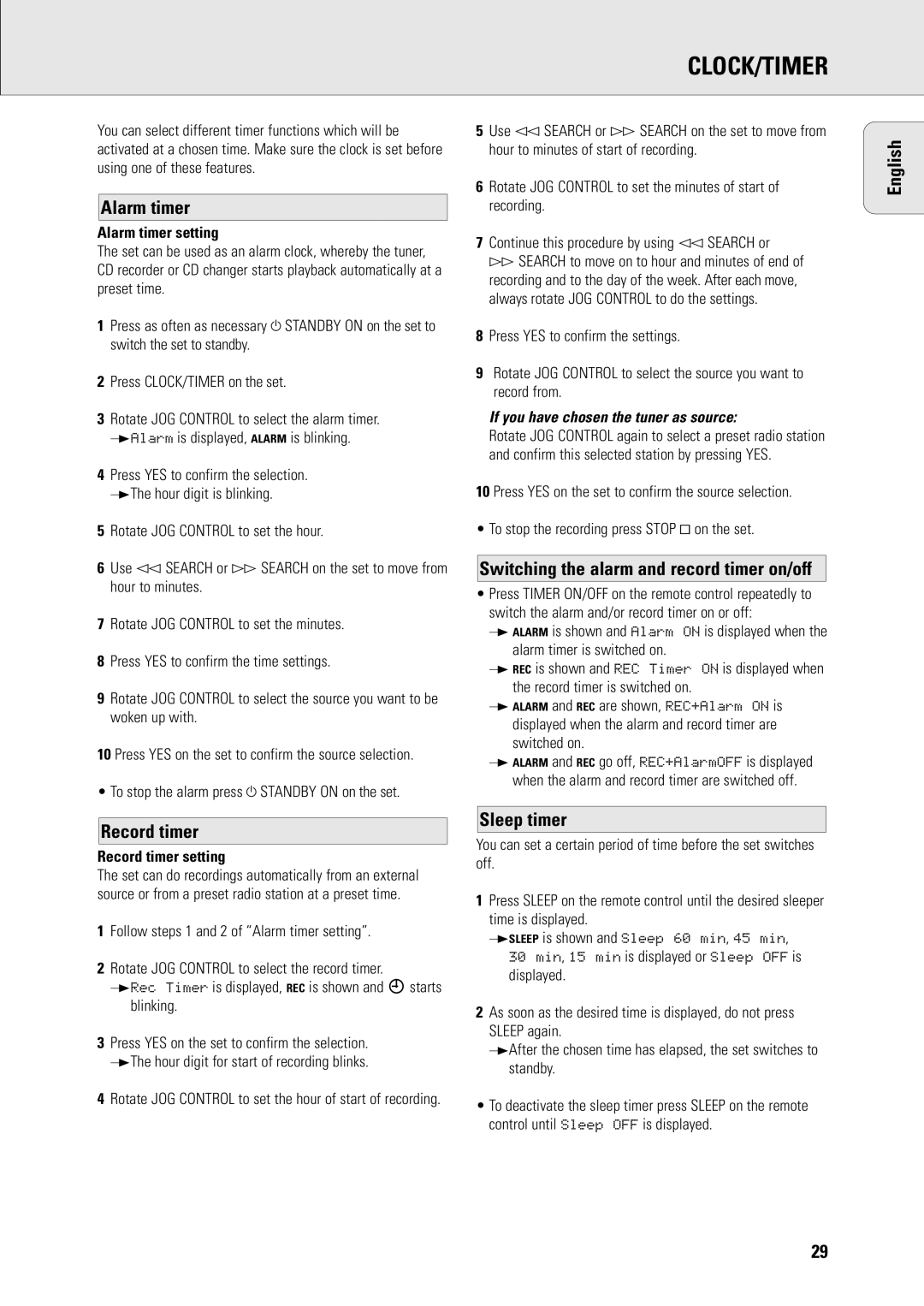 Philips R7 manual Clock/Timer, Alarm timer, Switching the alarm and record timer on/off, English Record timer, Sleep timer 