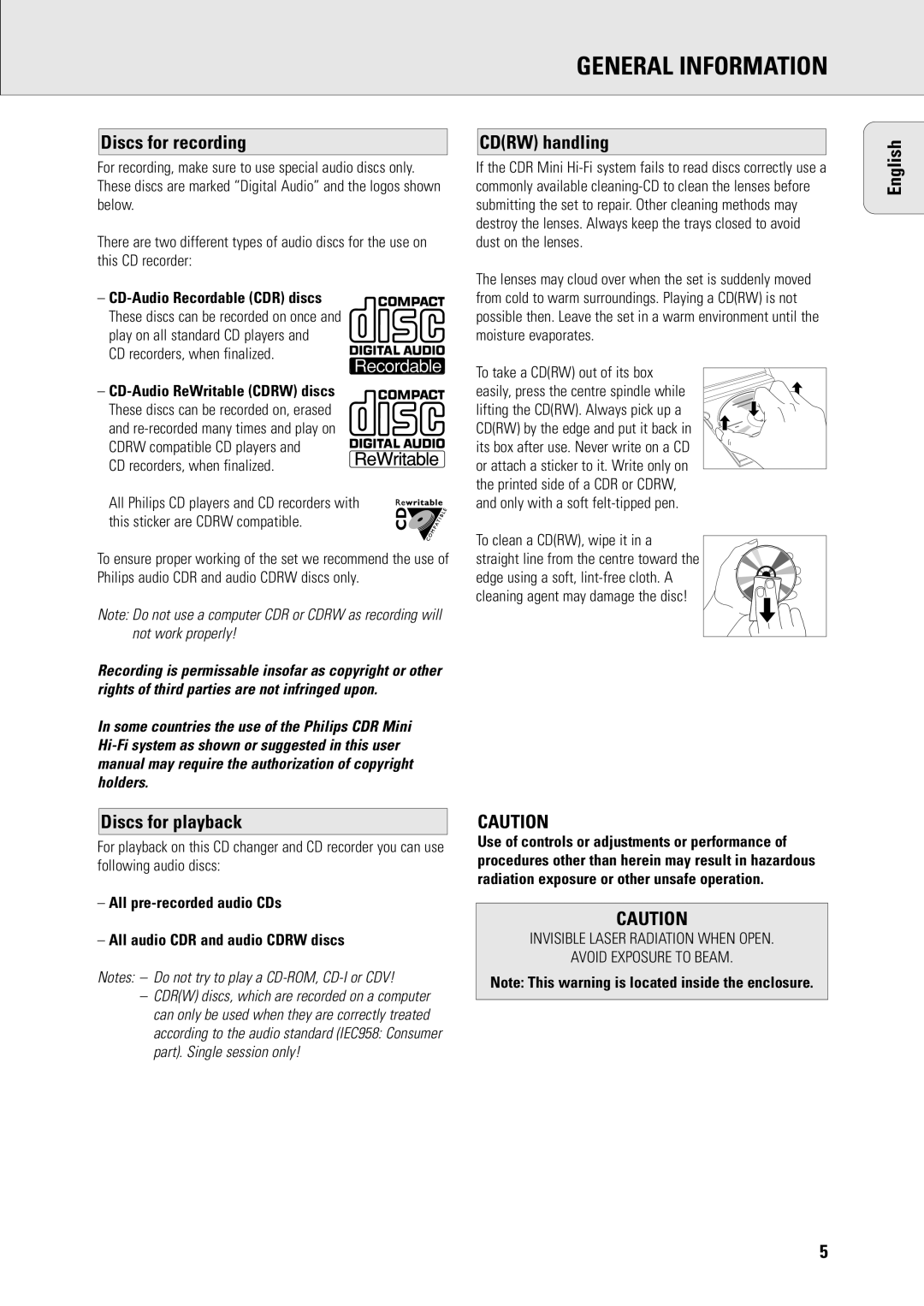 Philips R7 manual Discs for recording, Cdrw handling, English Discs for playback, CD recorders, when finalized 