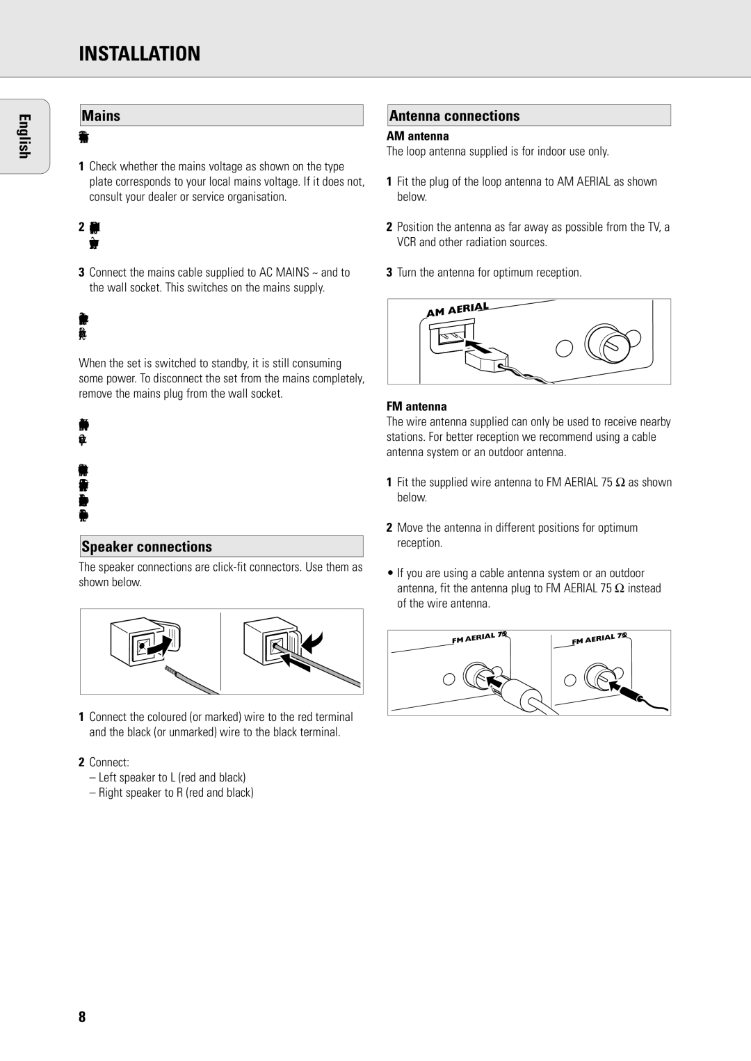 Philips R7 manual Installation, English Mains, Speaker connections, Antenna connections 