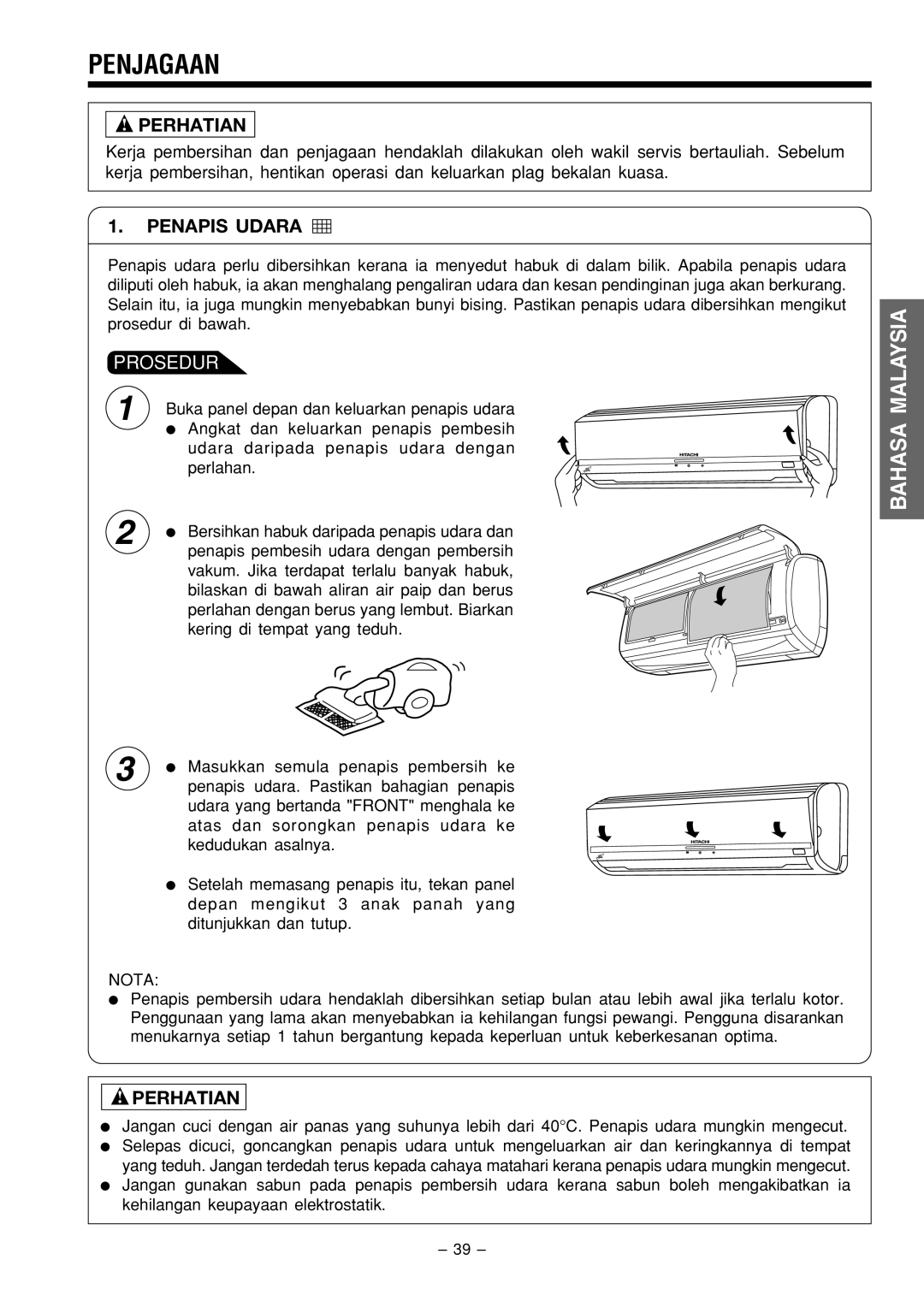 Philips RAS-X18CX, RAC-X18CX instruction manual Penjagaan, Nota 