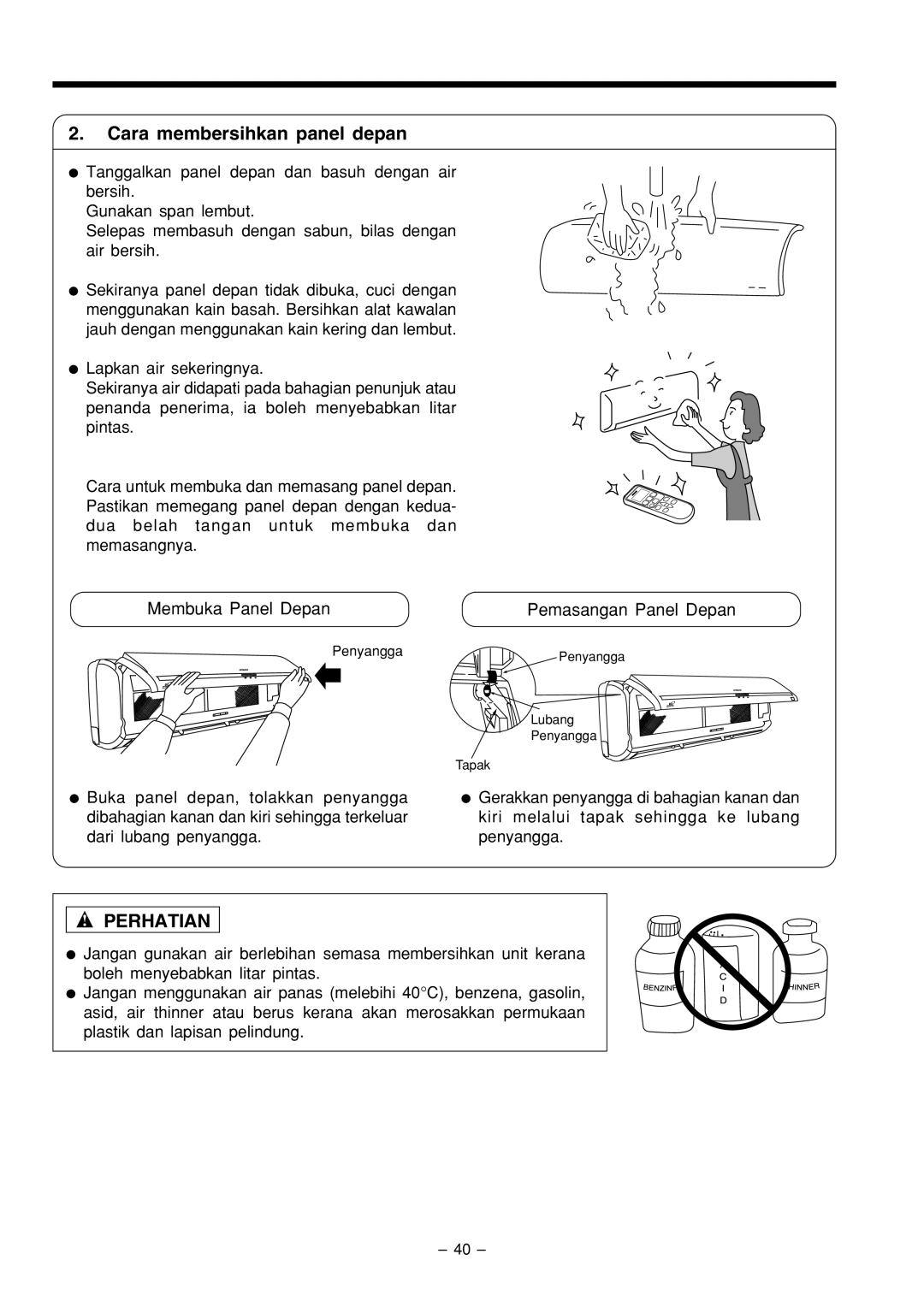 Philips RAC-X18CX, RAS-X18CX instruction manual Cara membersihkan panel depan, Membuka Panel Depan 