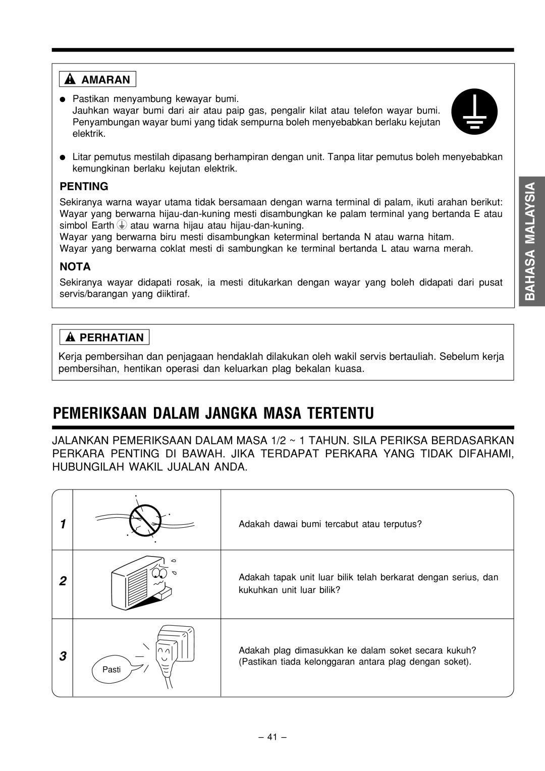 Philips RAS-X18CX, RAC-X18CX instruction manual Pemeriksaan Dalam Jangka Masa Tertentu, Amaran 