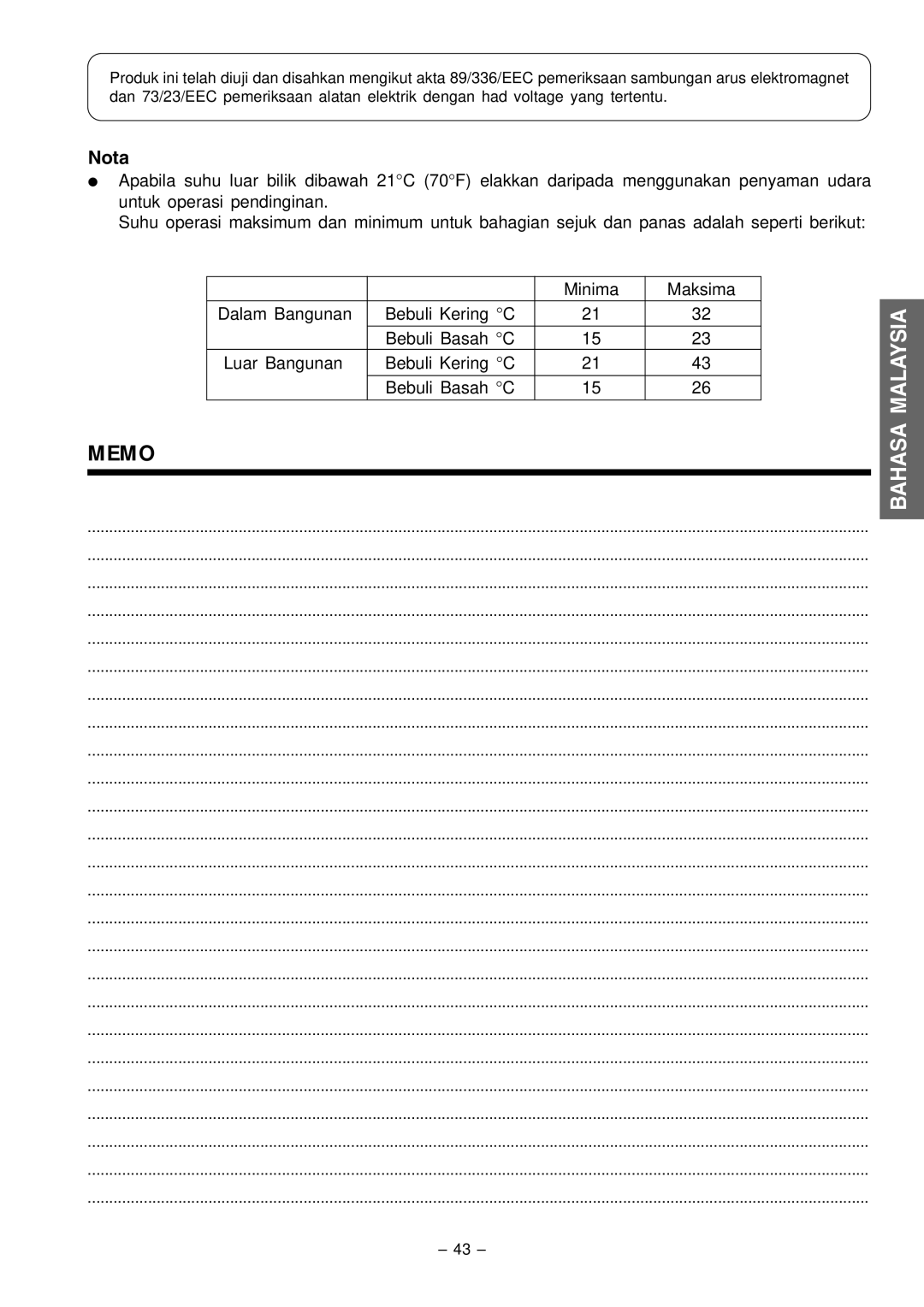 Philips RAS-X18CX, RAC-X18CX instruction manual Minima Maksima Dalam Bangunan Bebuli Kering C 