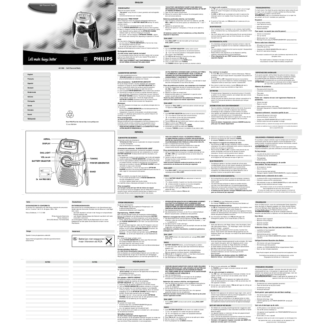 Philips Radio warranty Power Supply, Dial Light, Maintenance, Environmental Note, Troubleshooting, Alimentation Secteur 