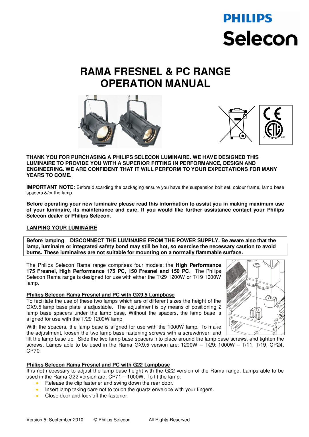 Philips RAMA FRESNEL & PC RANGE operation manual Lamping Your Luminaire 