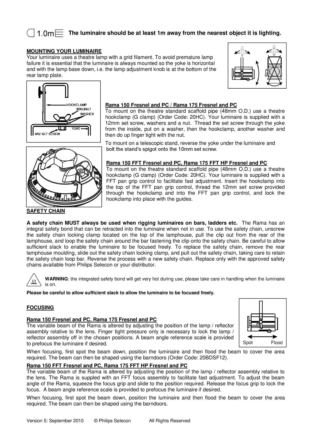 Philips RAMA FRESNEL & PC RANGE operation manual Mounting Your Luminaire, Safety Chain, Focusing 