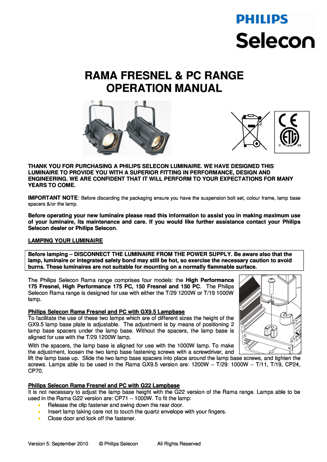 Philips RAMA FRESNEL & PC RANGE operation manual 