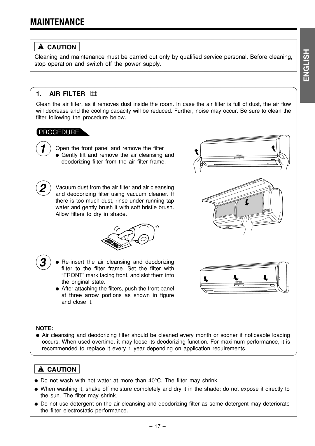 Philips RAC-18C9, RAS-18C9 instruction manual Maintenance, AIR Filter 