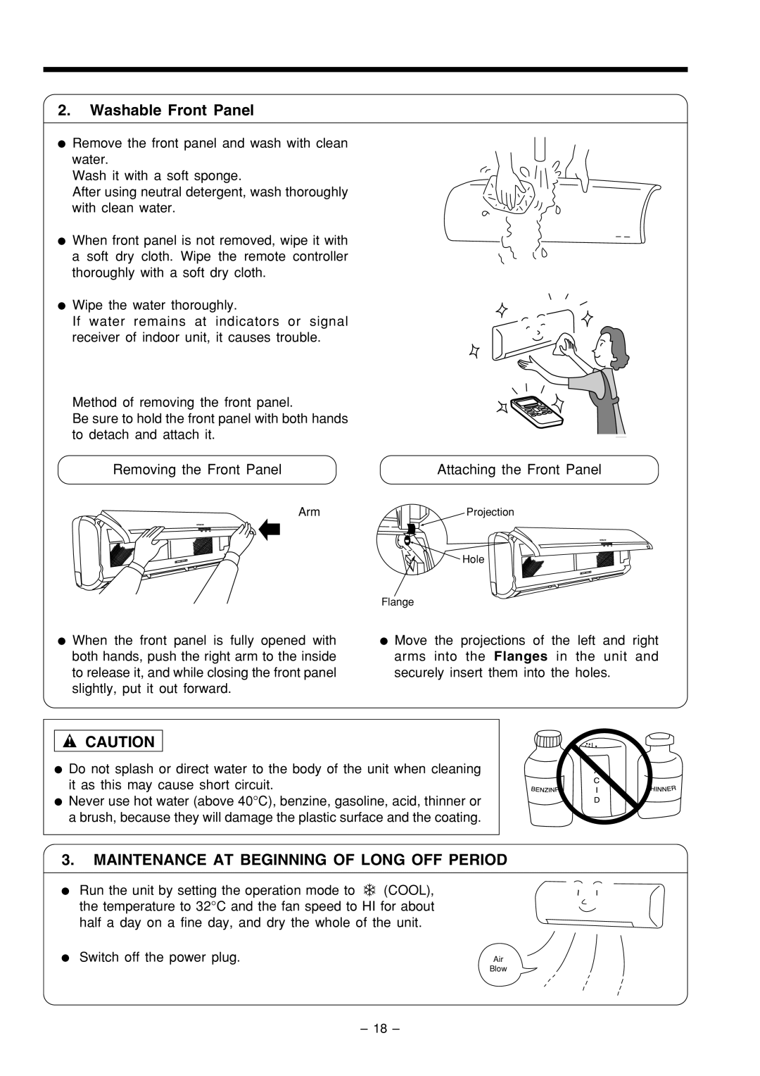 Philips RAS-18C9, RAC-18C9 instruction manual Washable Front Panel, Maintenance AT Beginning of Long OFF Period 