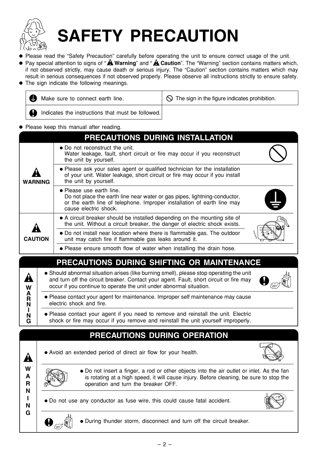 Philips RAS-18C9 Precautions During Installation, Precautions During Shifting or Maintenance, Precautions During Operation 