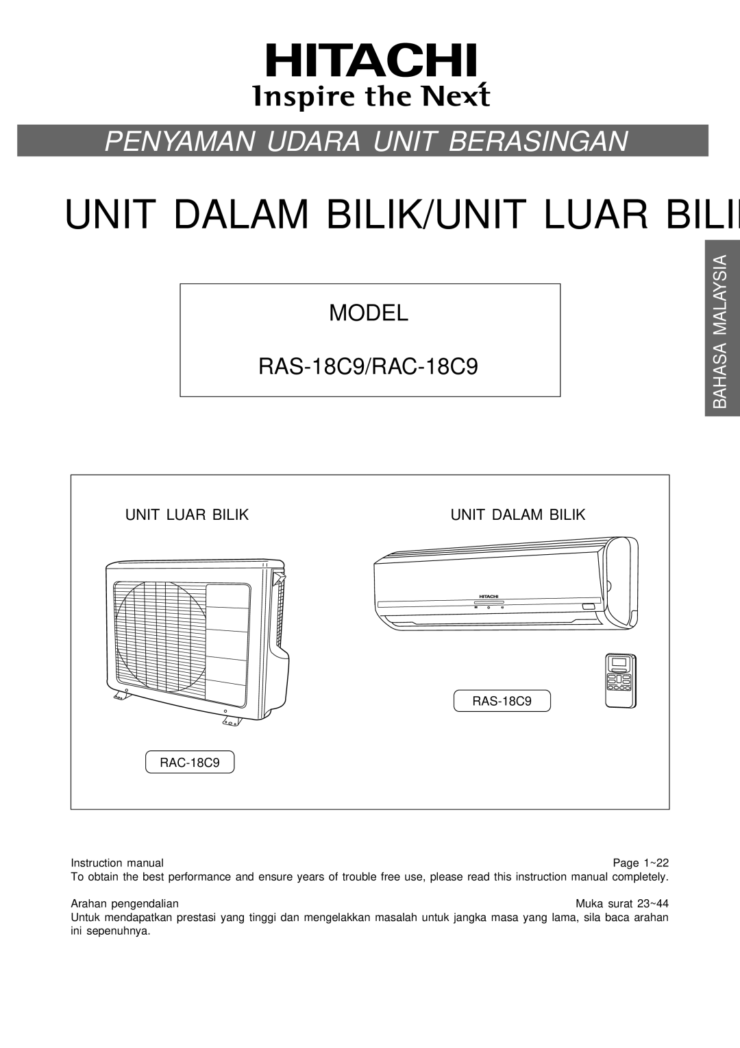 Philips RAC-18C9, RAS-18C9 instruction manual Unit Dalam BILIK/UNIT Luar Bilik 