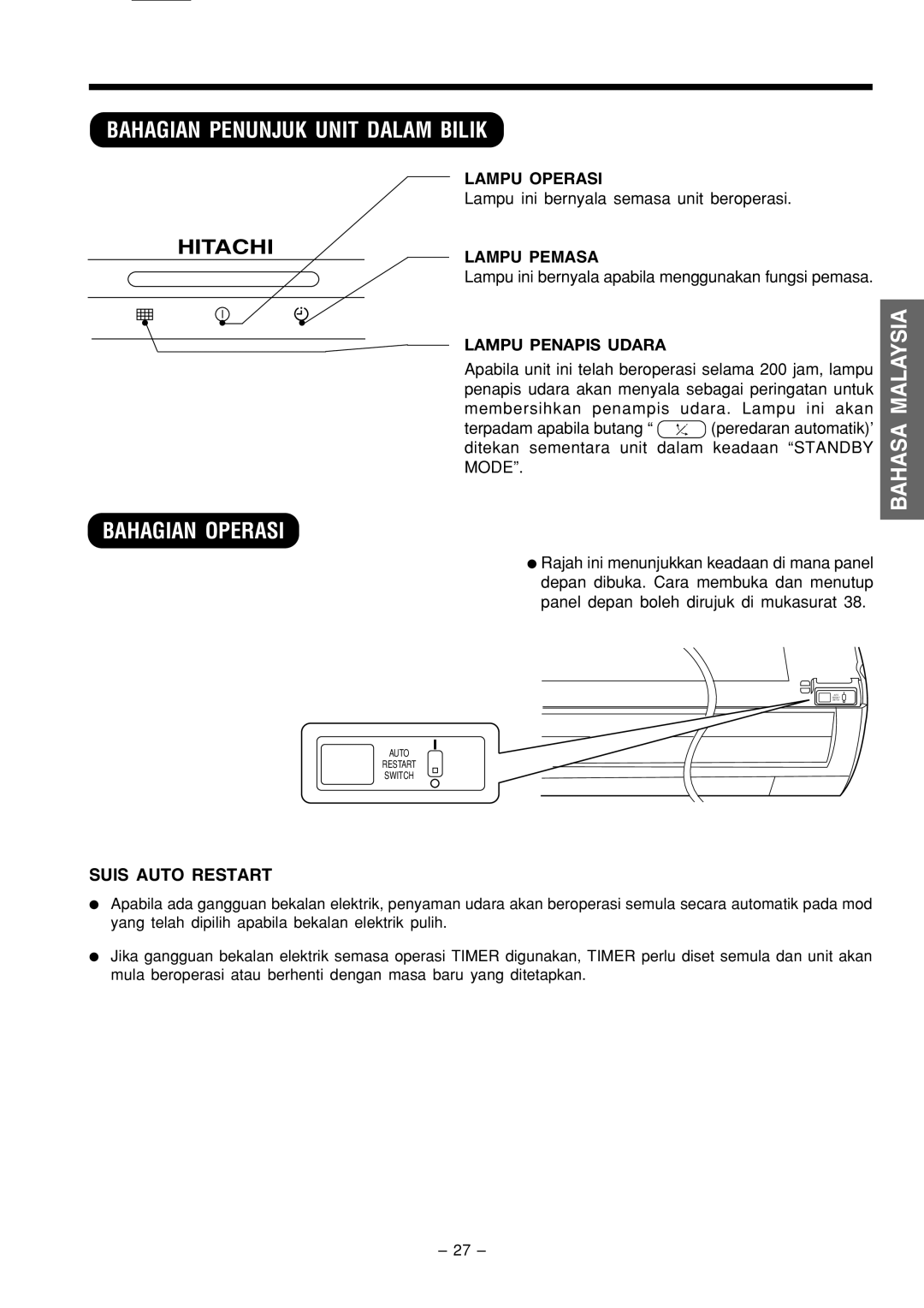 Philips RAC-18C9, RAS-18C9 instruction manual Bahagian Penunjuk Unit Dalam Bilik, Bahagian Operasi 