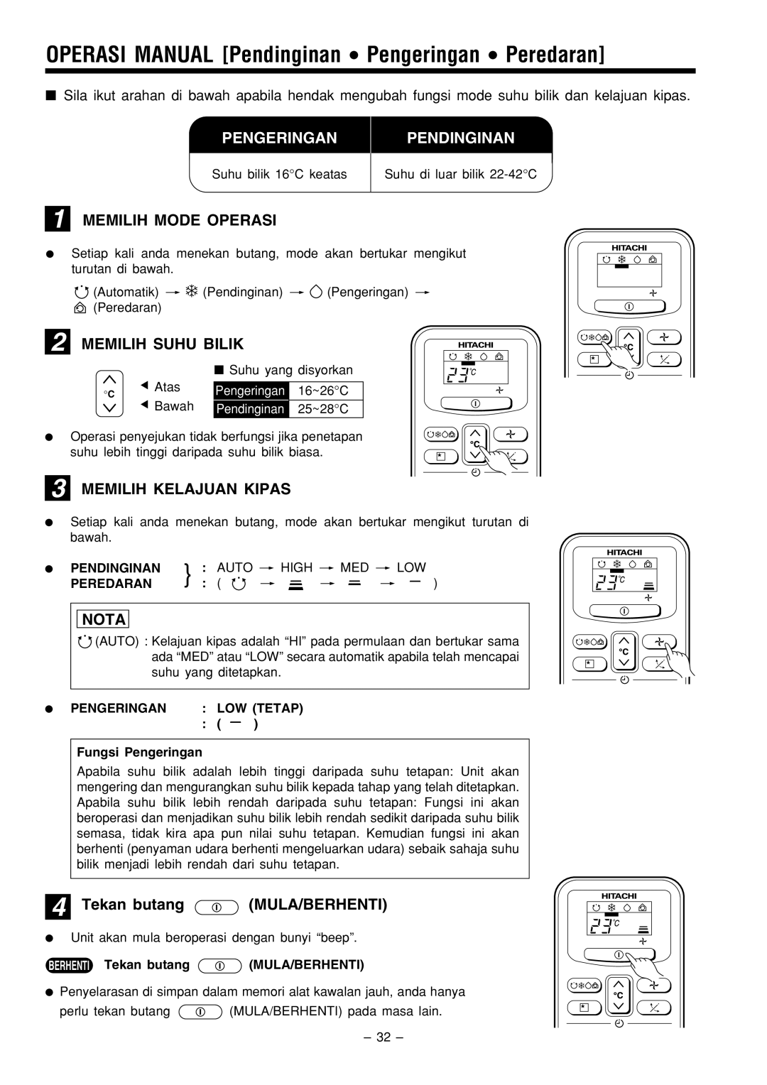 Philips RAS-18C9, RAC-18C9 instruction manual Memilih Mode Operasi, Memilih Suhu Bilik, Memilih Kelajuan Kipas 