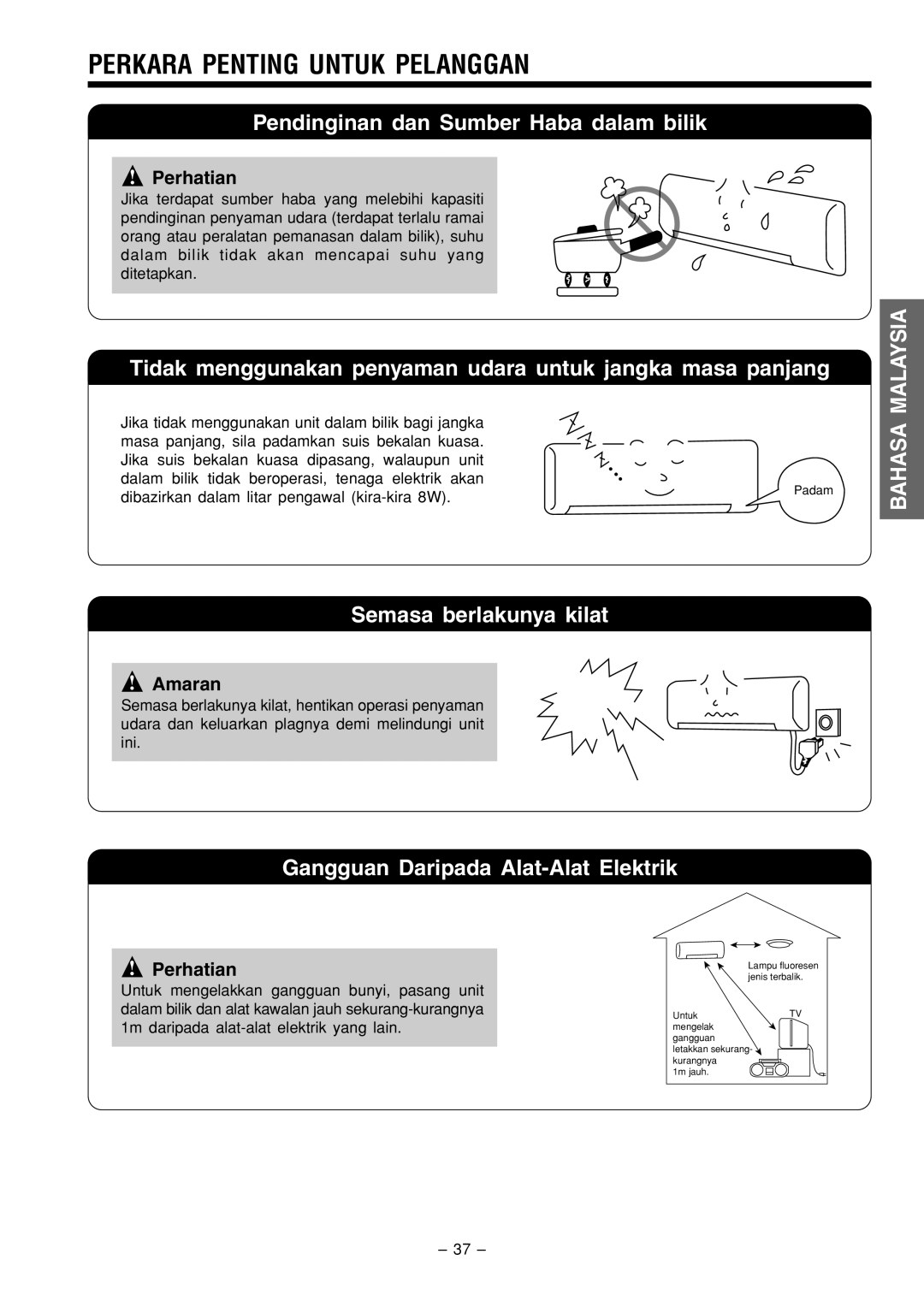 Philips RAC-18C9 Perkara Penting Untuk Pelanggan, Pendinginan dan Sumber Haba dalam bilik, Semasa berlakunya kilat 