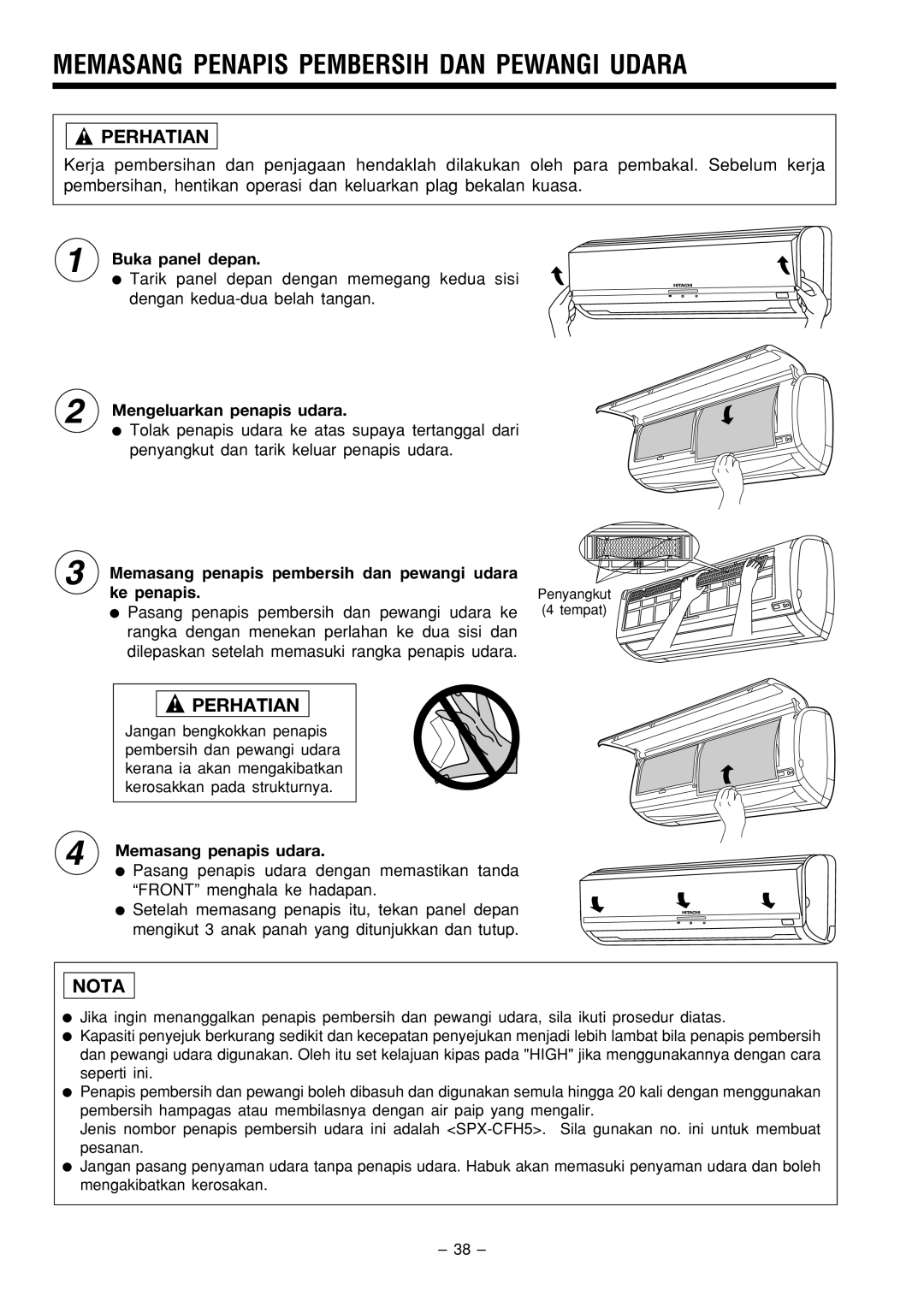 Philips RAS-18C9, RAC-18C9 instruction manual Memasang Penapis Pembersih DAN Pewangi Udara, Perhatian 