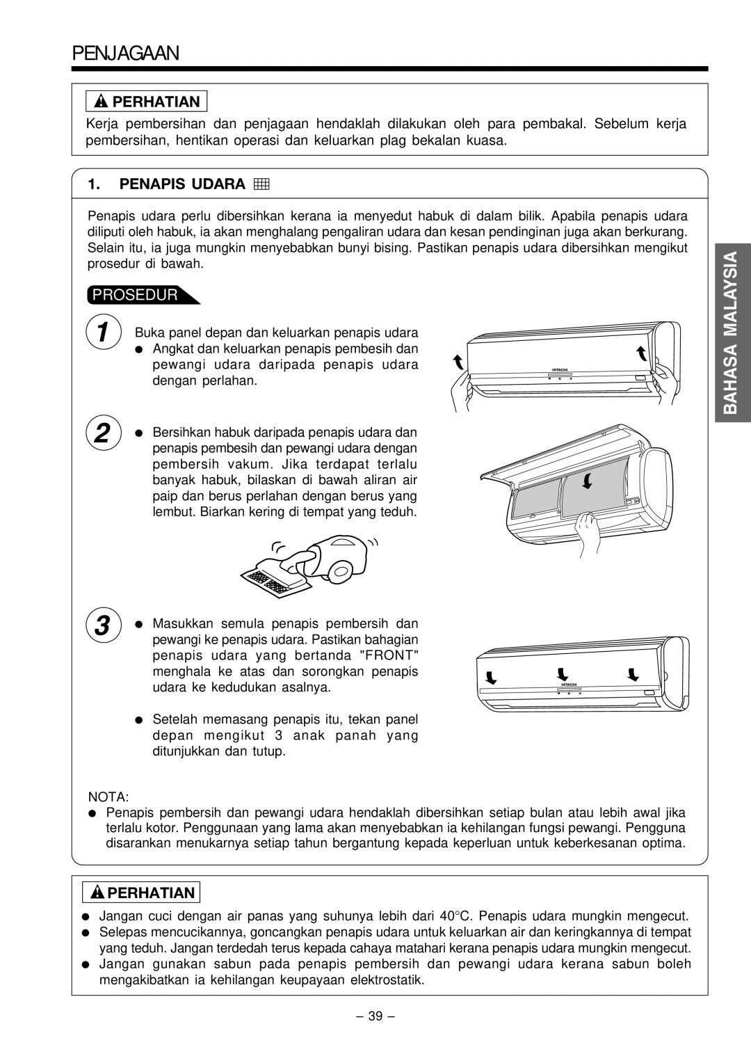 Philips RAC-18C9, RAS-18C9 instruction manual Penjagaan, Penapis Udara 