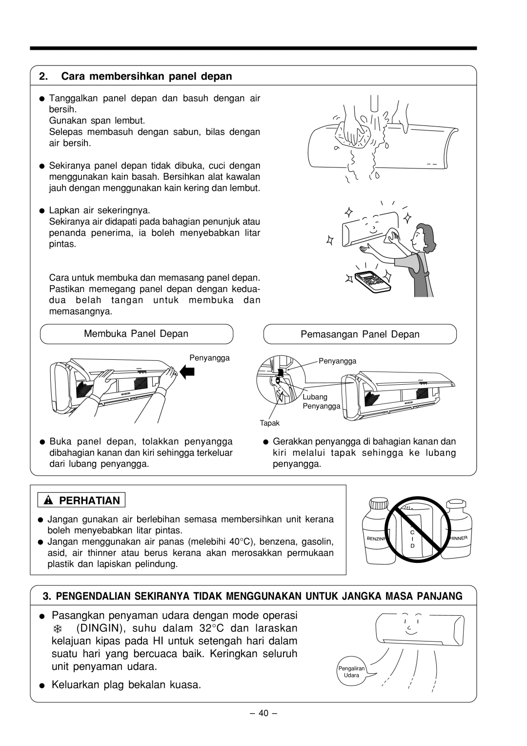 Philips RAS-18C9, RAC-18C9 instruction manual Cara membersihkan panel depan, Perhatian 