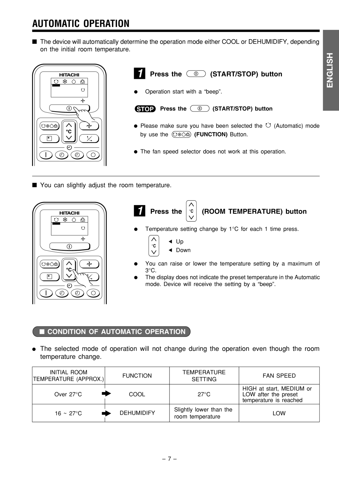 Philips RAC-18C9, RAS-18C9 Automatic Operation, Press the START/STOP button, Press the C Room Temperature button 