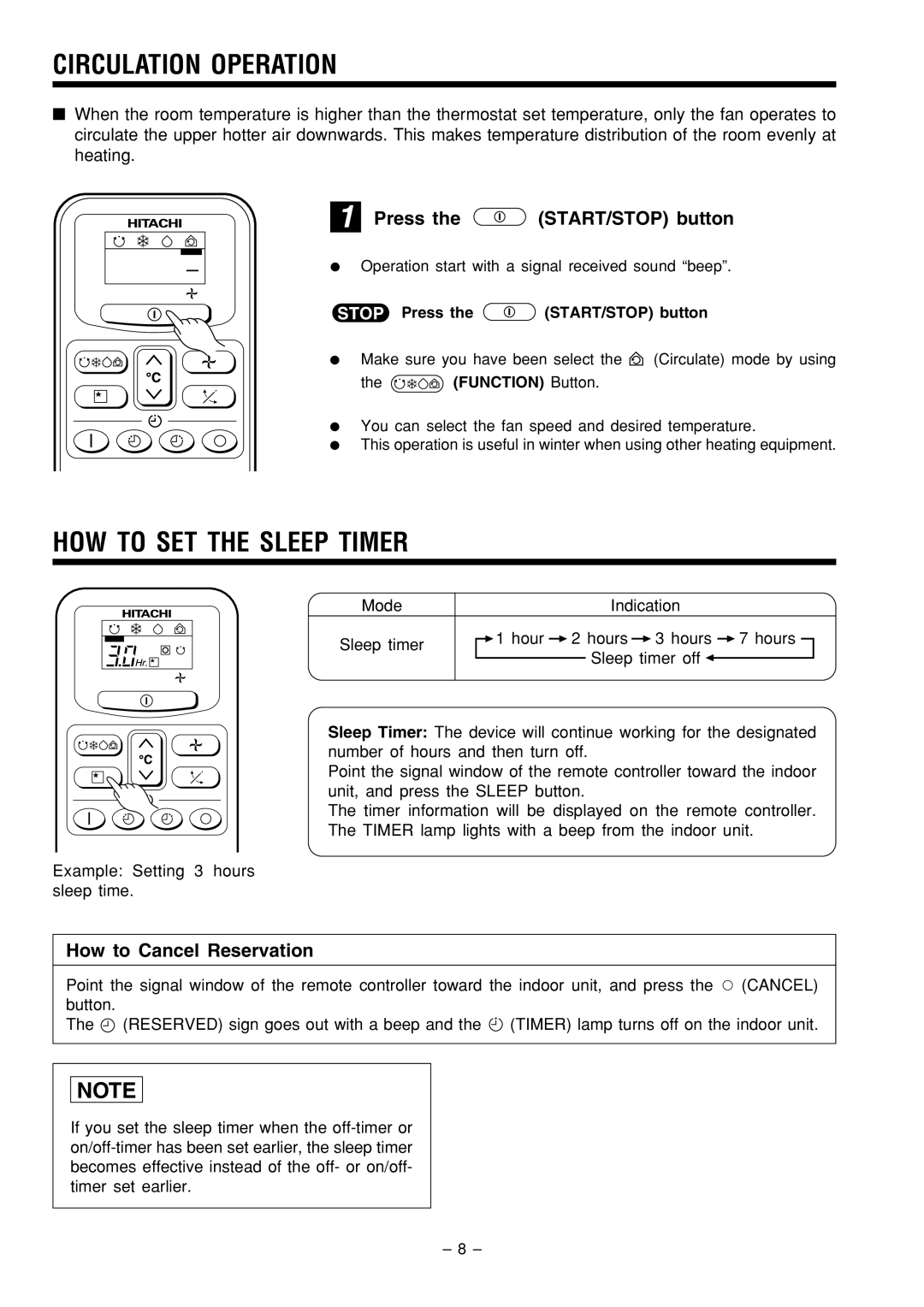 Philips RAS-18C9 Circulation Operation, HOW to SET the Sleep Timer, Press START/STOP button, How to Cancel Reservation 