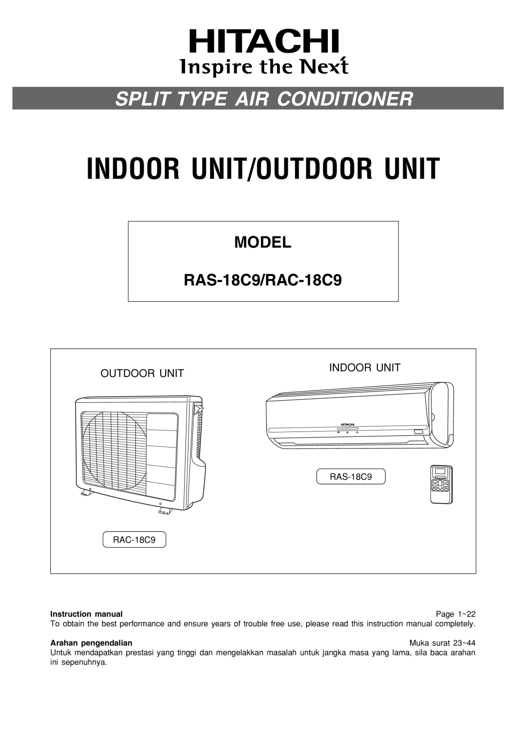 Philips instruction manual Split Type Air Conditioner, MODEL RAS-18C9/RAC-18C9, Outdoor Unit, Indoor Unit 