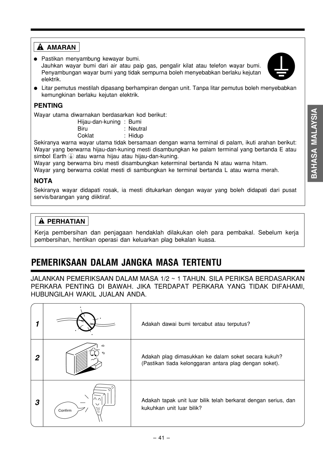 Philips RAC-18C9, RAS-18C9 Pemeriksaan Dalam Jangka Masa Tertentu, Amaran, Penting, Bahasa Malaysia, Nota, Perhatian 