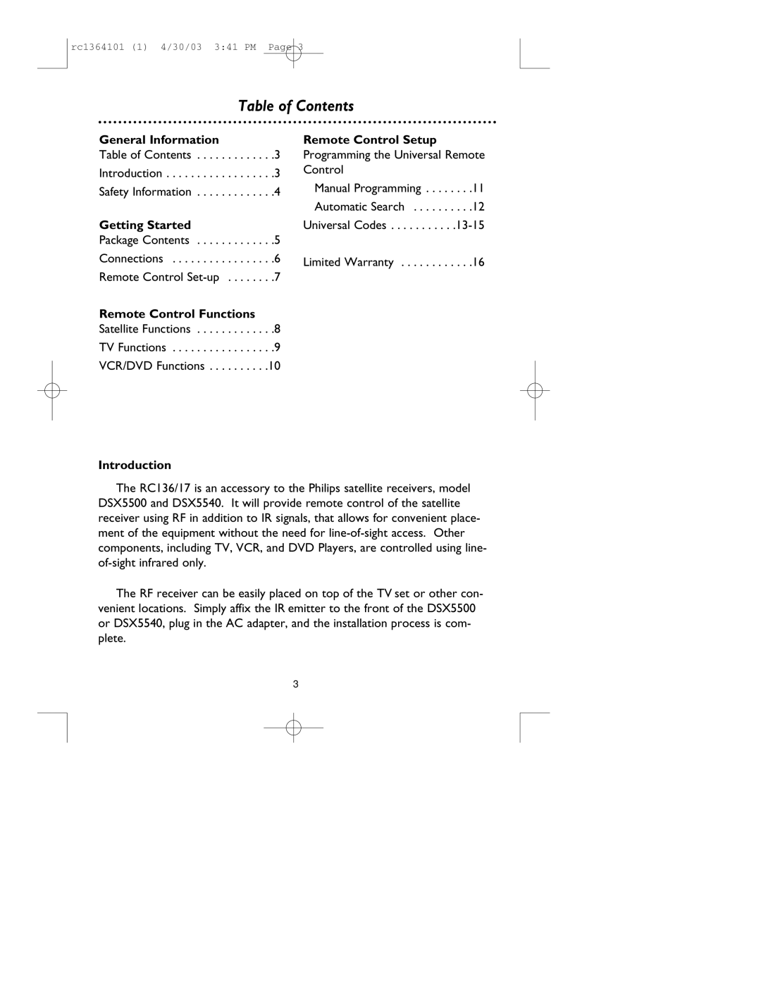 Philips RC136/17 manual Table of Contents 