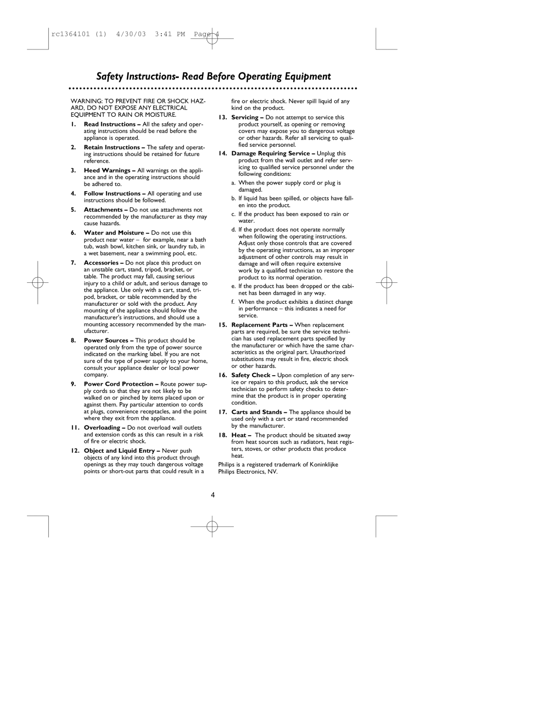 Philips RC136/17 manual Safety Instructions- Read Before Operating Equipment 