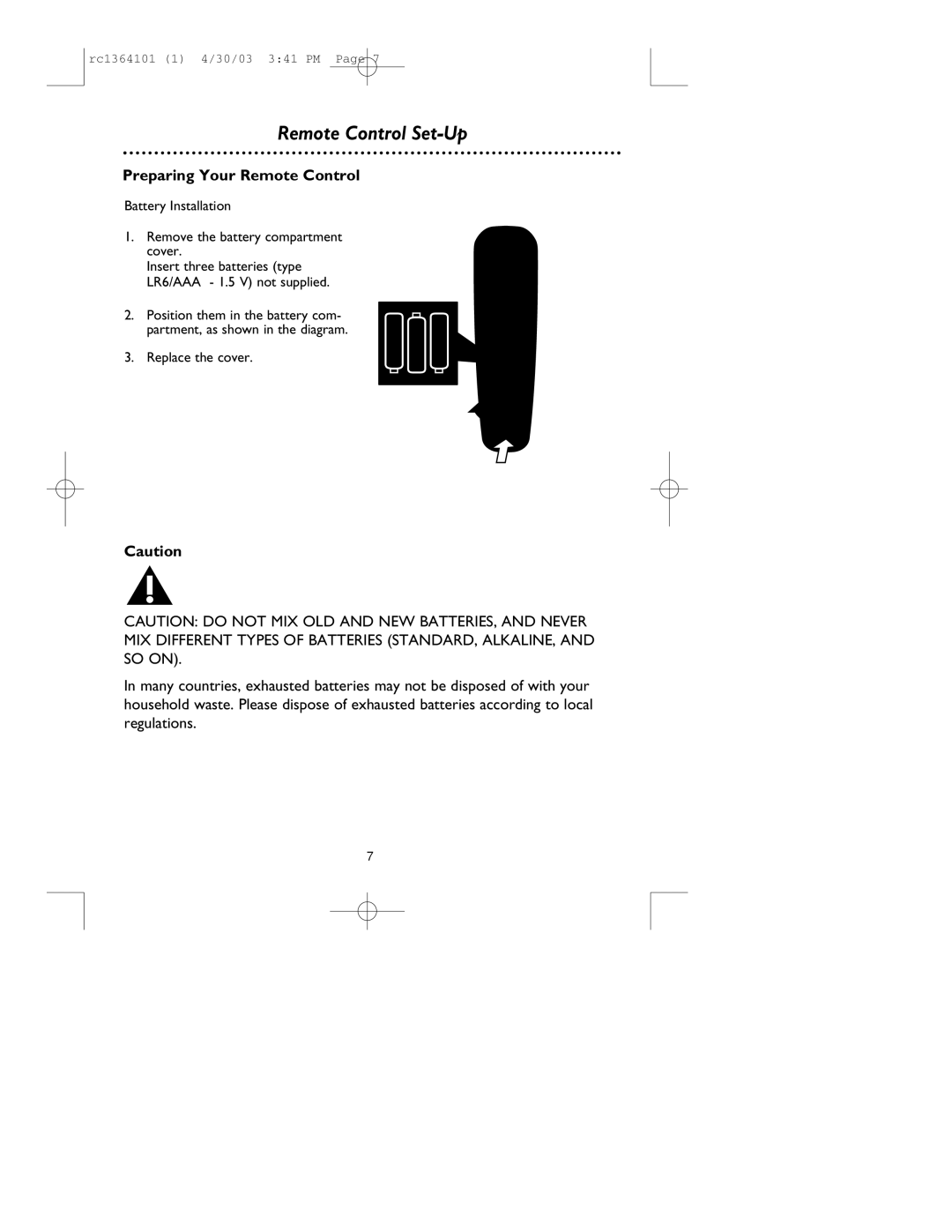 Philips RC136/17 manual Remote Control Set-Up, Replace the cover 