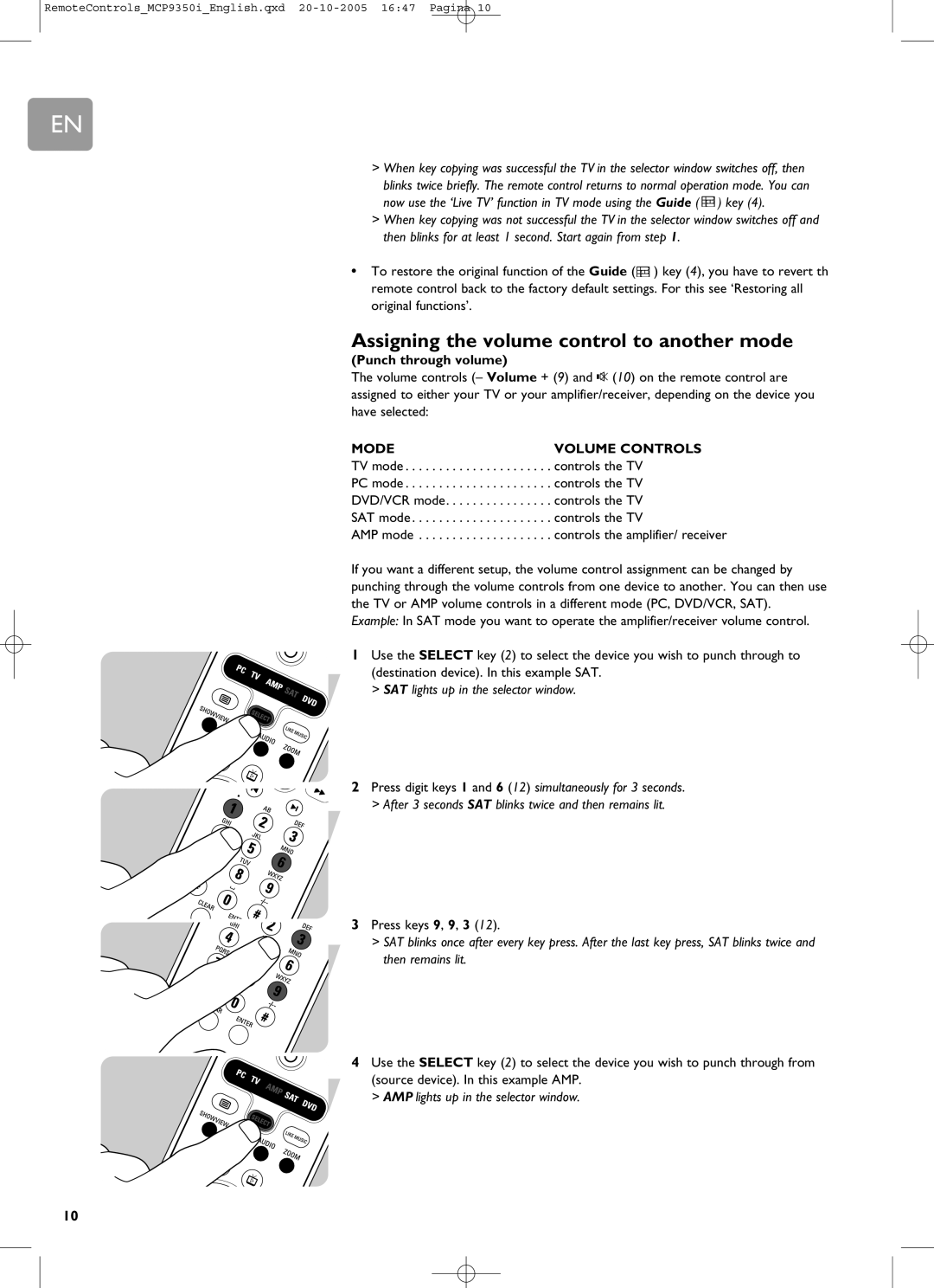 Philips RC4370 user manual Assigning the volume control to another mode, Punch through volume, Mode Volume Controls 